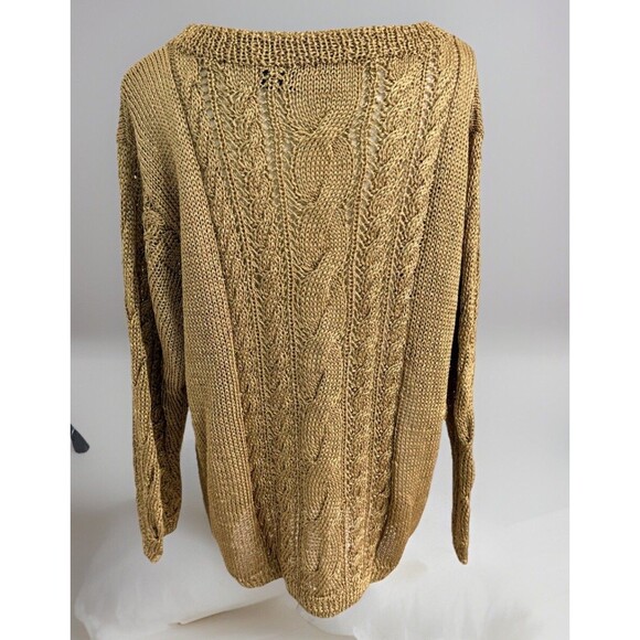 DKNY Donna Karan Large Metallic Gold Open Cable Knit Sweater Hand Knit Y2K - Picture 6 of 10